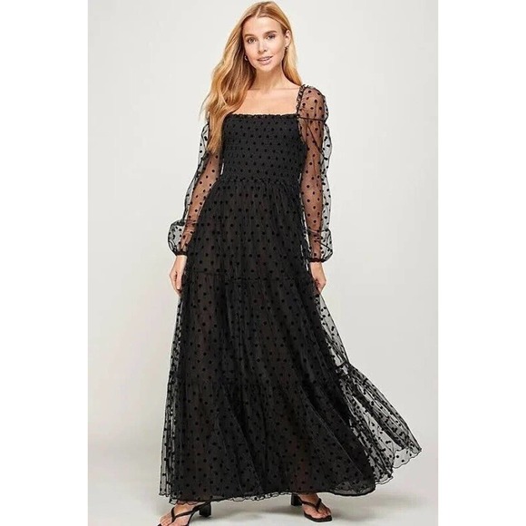 See‎ and Be Seen Black As Night Polka Dot Maxi Dress Size Small - Picture 1 of 5